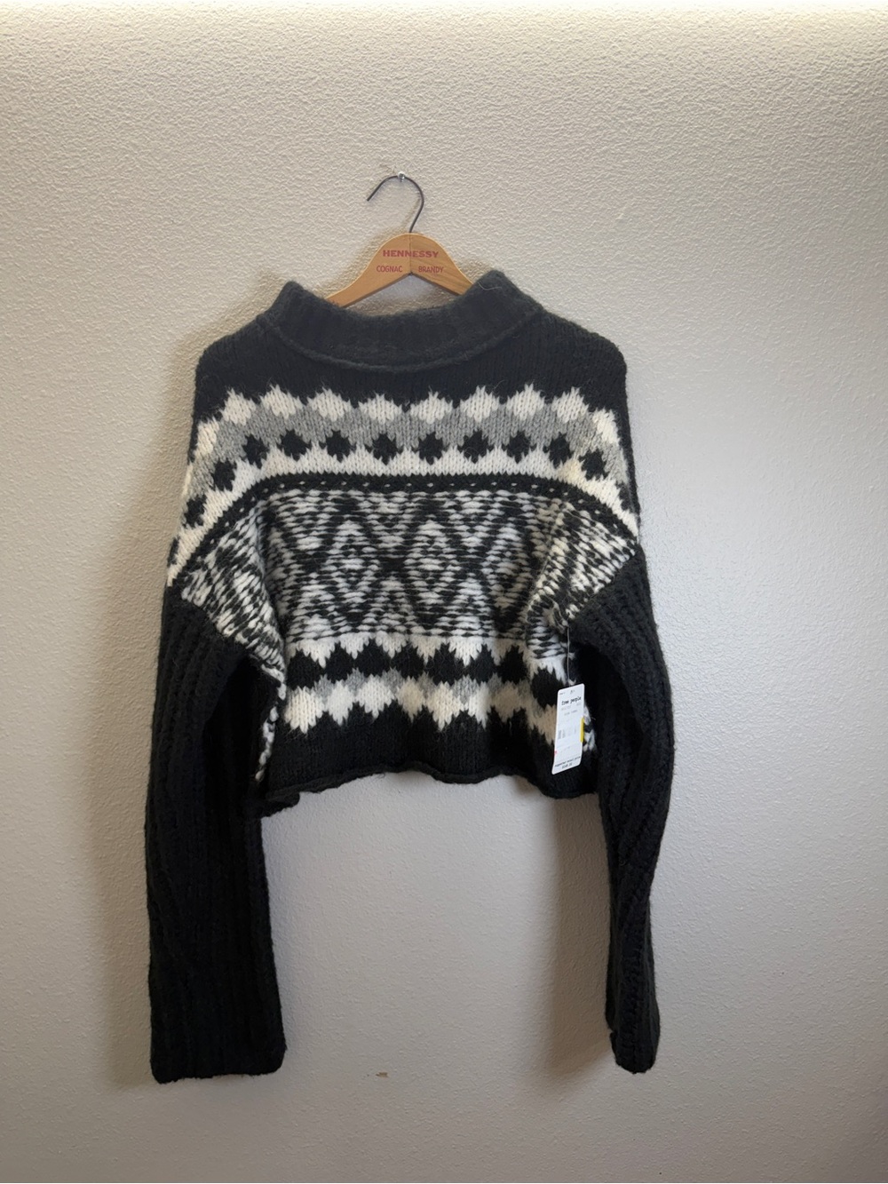 Free People Black and White Nordic Cropped Sweater